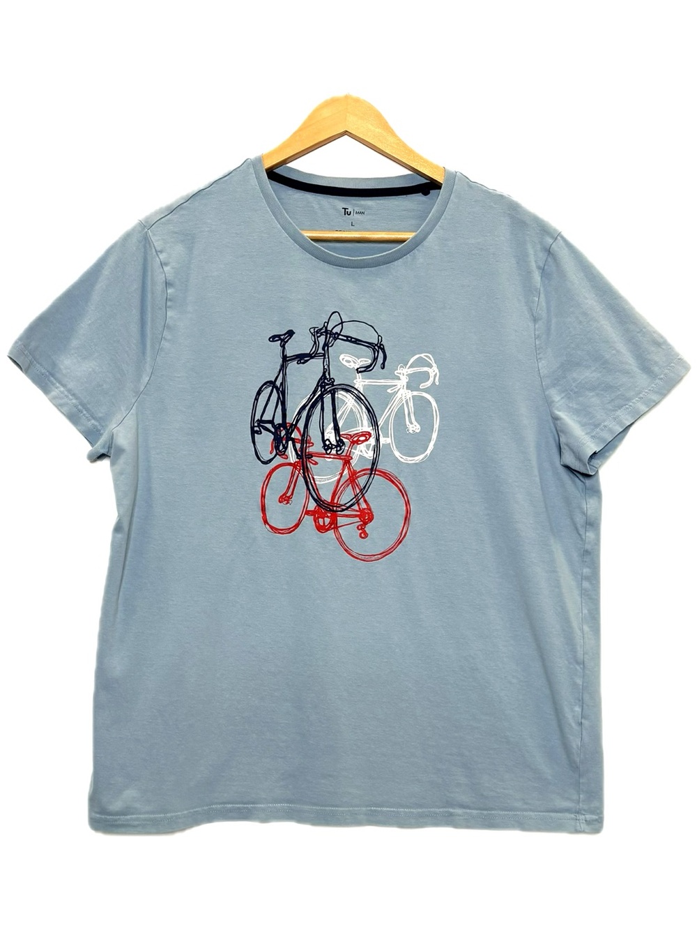 Tu Man Bicycle Graphic T-Shirt Mens Size Large Light Blue Short Sleeve Crew Tee